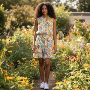 Express Peach Purple Floral Flounce High Neck Dress Large Preloved